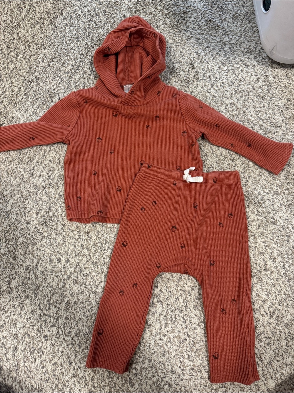 Rust Waffle Knit Hoodie & Jogger Set - Tiny Heart Dots